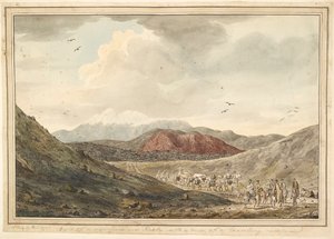 Utsikt mot et fjell, nær Hekla med utsikt mot en reisende campingvogn. av Unknown artist