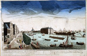 Utsikt over Admiralitetet i Amsterdam av butikkene i bassengene og byggeplassene som eies av dem og Company of the East Indies of Holland - Optisk utsikt av Unknown artist