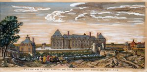Utsikt over Chateau Royal de Monceaux. Gravering fra 1740. Privat samling. av Unknown artist
