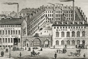 Utsikt over Mappin Brothers bestikkfabrikk i London. Detalj fra annonsen fra 1891. Gravering. av Unknown artist