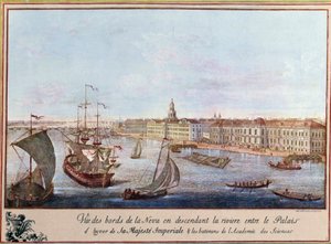 Utsikt over Neva ved Vinterpalasset og Vitenskapsakademiet i St. Petersburg. Trykk omkring 1753. Paris, B.N. av Unknown artist
