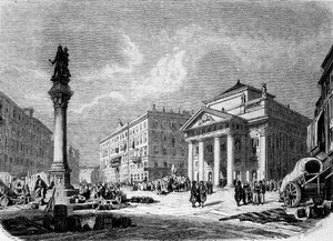Utsikt over Place de la Bourse i Trieste (i den østerrikske perioden), gravering fra 1800-tallet av Unknown artist