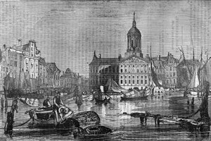 Utsikt over byen Amsterdam og det gamle rådhuset på 1800-tallet. av Unknown artist