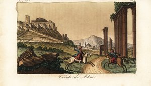 Utsikt over byen Athen, Hellas, med Akropolis og Parthenon til venstre, ruiner av søyler, monumenter og Propylaea foran av Unknown artist