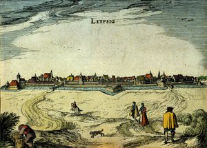 Utsikt over byen Leipzig i Tyskland. 1700-talls gravering av Unknown artist