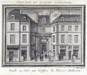 Utsikt over den utvendige fasaden til college of Plessis Sorbonne (Paris), grunnlagt i 1323 av Geoffroy av Plessis Balisson brukt fra 1848 til 1849 av ENA. Gravering bevart på Musee Carnavalet, Paris. av Unknown artist