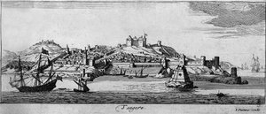 Utsikt over den befestede byen Tanger og kysten, Marokko. 1700-talls gravering. av Unknown artist
