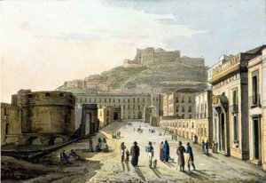 Utsikt over strada del molo og Castel Sant'Elmo med utsikt over byen Napoli. Akvarell av Unknown artist