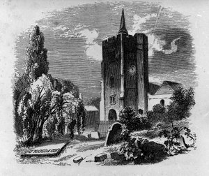 Utsikt over graven til den italienske poeten og dramatikeren Ugo Foscolo (1778-1827) på kirkegården i Chiswick i London. Gravering fra 1800-tallet av Unknown artist