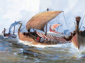 Vikingbåt på gjennomreise mot Normandie, akvarell av Unknown artist