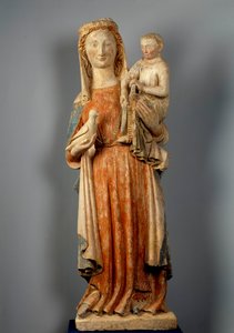 Jomfru og barn Jomfruen holder en due i hånden. Polykrom steinskulptur. 1400-tallet. Montaigu les Bois kirke. av Unknown artist