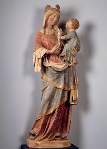 Jomfru og barn Barnet holder duen. Polykrom steinskulptur fra begynnelsen av 1300-tallet. Champeuil, sognekirke av Unknown artist