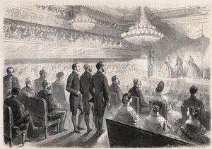 Besøk av Vilhelm I av Preussen (1797-1888) til Compiegne: gallashow på palassteateret i nærvær av Napoleon III (1808-1873) - Gravering i "" The Illustrous World"" av Unknown artist