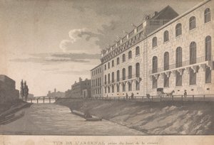 Utsikt over L'Arsenal stiger fra toppen av elven; side 10 (bind 1) av Unknown artist
