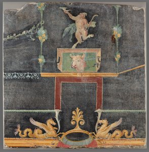 Veggfragment med dansende satyr, hippocampus og andre dekorative motiver på svart bunn av Unknown artist
