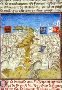 Hundreårskrigen: Slaget ved Poitiers - i "" Grandes Chronicles de Saint-Denis", slutten av 1300-tallet (ref. 512, 392v) av Unknown artist