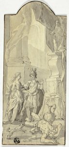 Warrior Conversing with Lady in Bankett, med Dead Man at Their Feet av Unknown artist