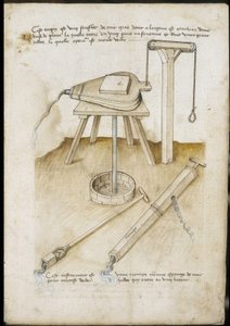 Vannpumpeinstrumenter - Manuskript: pergamentark av en ingeniørhåndbok for bygging av sivile, religiøse og militære bygninger, anonymt, sent på 1400-tallet (figur med kinesisk blekk) av Unknown artist