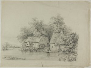 Vannmølle og hytte med stråtak av Unknown artist