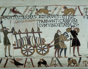 Våpen og vin blir brakt til skipene under tankingen for erobringen av England av flåtene til Vilhelm Erobreren (1027-1087) i 1066. Detalj av billedteppet til Bayeux eller Broderi av Dronning Mathilde av Unknown artist