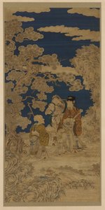 Innslagsvevd billedvev (kesi): Three Star Gods and Joy Personifisert som to barn av Unknown artist