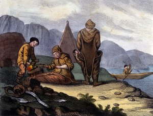 Vest-Grønlandskysten eskimoer. Litografi fra begynnelsen av 1800-tallet av Unknown artist