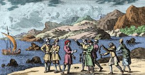 Hekseri og tro: finske og samer som provoserer en storm ved magien til tre knop. Gravering fra "Mundi Mirabilis Oeconomia" av Johann Zahn (1631-1707) av Unknown artist
