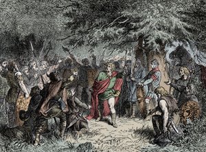 Wittekind kaller sakserne sine til våpen - Widukind av Sachsen (ca. 750-810) ber sakserne heve våpnene mot Franco-invasjonen av Karl den Store i 777 av Unknown artist