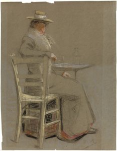 Kvinne sitter ved et bord av Unknown artist
