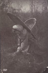 [Kvinne med kurv på ryggen] av Unknown artist