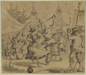 Kvinner og soldater som danser på landsbytorget av Unknown artist