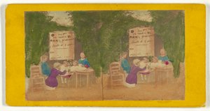 [Kvinner og barn sitter ved et bord] av Unknown artist