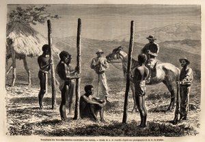 Arbeidere fra de nye Hebridene (eller siden 1980, republikken Vanuatu, en melanesisk øygruppe i det nordlige Ny-Caledonia), bygger et hus som forfatteren møter under en ekskursjon på hesteryggen. Engravure pour illustrrer le voyage à la Nouvelle Caledonie, av Unknown artist
