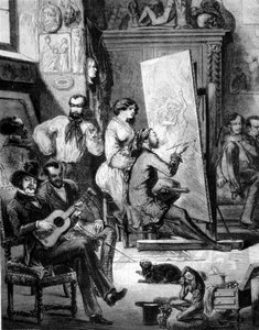 Verksted for en maler på 1800-tallet. Noen spiller musikk, andre røyker mens maleren tegner. Gravering av 1800-tallet av Unknown artist