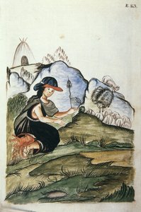 Ung indisk gjeterinne som føder i naturen, fra boken "Trujillo del Peru" eller "Códice Martínez Compañón", av Baltazar Martinez Compañón y Bujanda, biskop av Trujillo (1782-1785) av Unknown artist