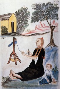 Ung indisk kvinne som spinner ull, fra boken "Trujillo of Peru" eller "Codex Martinez Companion", av Baltazar Martinez Companion og Bujanda, biskop av Trujillo (1782-1785) av Unknown artist