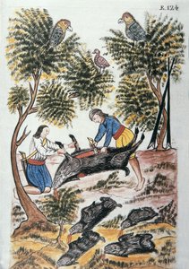 Unge indianere motilones slakter et villsvin, fra boken "Trujillo del Peru" eller "Códice Martínez Compañón", av Baltazar Martinez Compañón y Bujanda, biskop av Trujillo (1782-1785) av Unknown artist