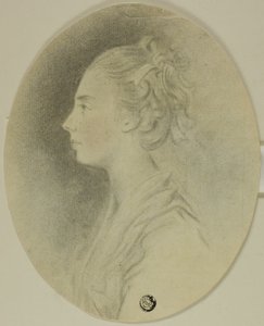 Ung kvinne i profil med bånd i håret av Unknown artist