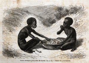 Unge tiggere fra Kychi-stammen (som ligger i Upper Nile-regionen) tar et måltid bytte for noen bunter. Gravering for å illustrere reisen til Lake Albert av Unknown artist
