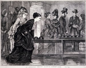 Unge kvinner som spiller bowling, i USA, ca. 1870 - gravering av Unknown artist