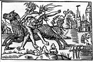 djevelen tar bort en heks fra en hest og tar henne med til helvete. Xylografi fra 1500-tallet av Unknown artist