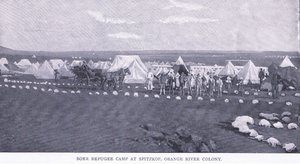Boer flyktningleir ved Spitzkop, Orange River-kolonien, fra After Pretoria: The Guerilla War utgitt av Harmsworth Bros Limited av Unknown photographer