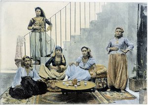 Mauriske kvinner i Alger tar te - autokrom, sent på 1800-tallet av Unknown photographer