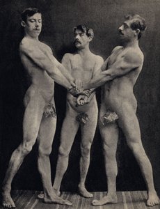 The Oath of the Horaces, positur tre nakne menn avlegger ed. Fotografi, sent på 1800-tallet, Paris. Coll. Selva. av Unknown photographer