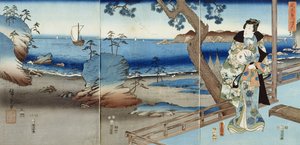 Prinz Genji beobachtet am Suma-Strand (Triptychon) von Utagawa  Hiroshige and Kunisada