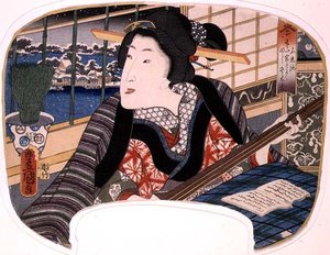 Vinter, Shinobazu-dammen; En geisha som øver på en ballade, design for en fan fra et sett på fire som illustrerer årstidene av Utagawa Kunisada