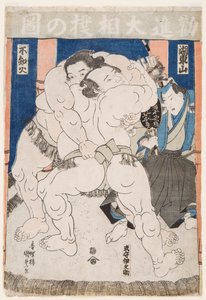 Kamp av sumobrytere. Trykk av Utagawa Kunisada (1786-1865) - Sumobrytere i aksjon, av Kunisada (Toyokuni III), Utagawa (1786-1865). Fargetresnitt. Mål: 37,5x26 cm. Privat samling av Utagawa Kunisada