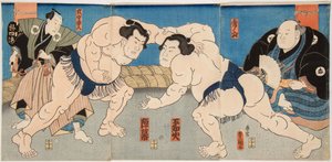 Combat des lutteurs de sumo Shiranui et Jimmaku. Estampe de Utagawa Kunisada (1786-1865), vers 1860 -- Brytekamp Shiranui vs Jimmaku, av Kunisada (Toyokuni III), Utagawa (1786-1865). Fargetresnitt av Utagawa Kunisada