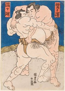 Kampjagere fra Uzugafuchi og Washigahama. Estampe de Utagawa Kunisada (1786-1865), vers 1830 - Brytekamp Uzugafuchi vs Washigahama, av Kunisada (Toyokuni III), Utagawa (1786-1865). Fargetresnitt, ca. 1830. Mål: 37x26 cm. Privat C