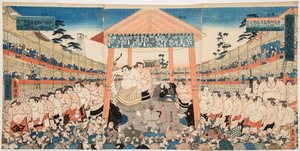 Kanjin Ozumo (prosesjon av sumobrytere for en innsamlingskamp). Trykk av Utagawa Kunisada (1786-1865) - Kanjin Ozumo, av Kunisada (Toyokuni III), Utagawa (1786-1865). Fargetresnitt, ca. 1850. Mål : 37,5x75,5 cm. Privat samling av Utagawa Kunisada